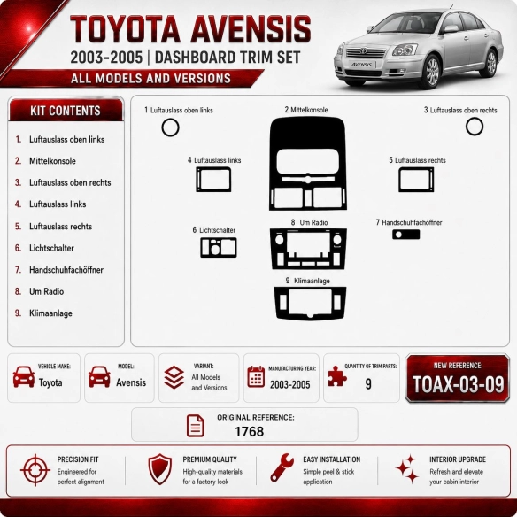 Toyota Avensis 2003–2005 3D sada dekorov interiéru palubnej dosky 9-dielna