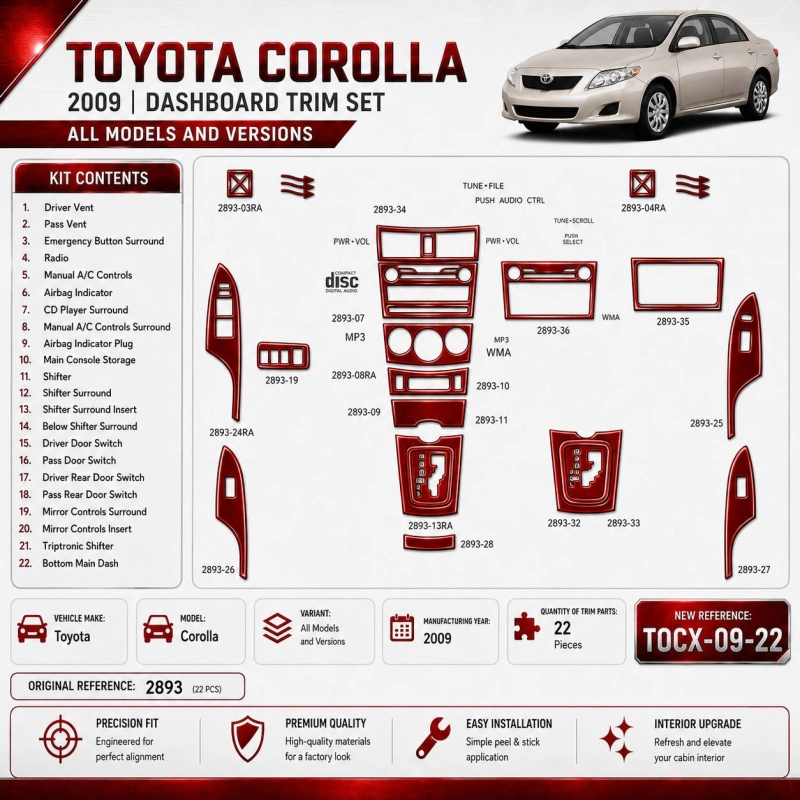 Toyota Corolla 2009 3D sada dekorov interiéru palubnej dosky 22-dielna
