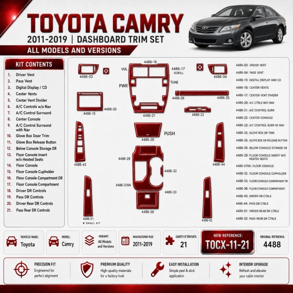 Toyota Camry 2011–2019 3D sada dekorov interiéru palubnej dosky 21-dielna