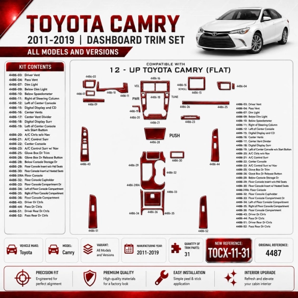 Toyota Camry 2011–2019 3D sada dekorov interiéru palubnej dosky 31-dielna