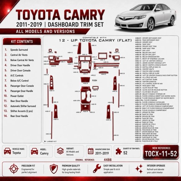 Toyota Camry 2011–2019 3D sada dekorov interiéru palubnej dosky 52-dielna