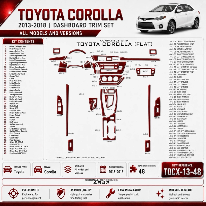 Toyota Corolla 2013–2018 3D sada dekorov interiéru palubnej dosky 48-dielna