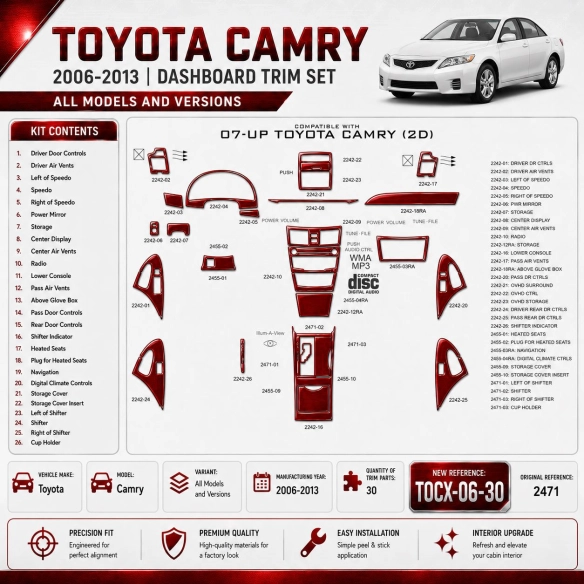 Toyota Camry 2006–2013 3D sada dekorov interiéru palubnej dosky 30-dielna