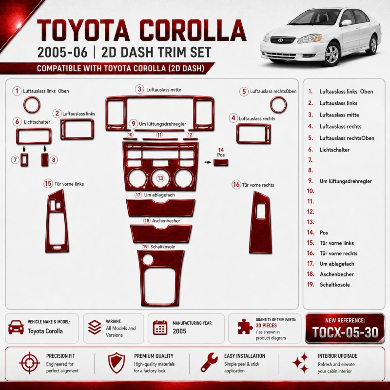 Toyota Corolla 2005 3D sada dekorov interiéru palubnej dosky 30-dielna