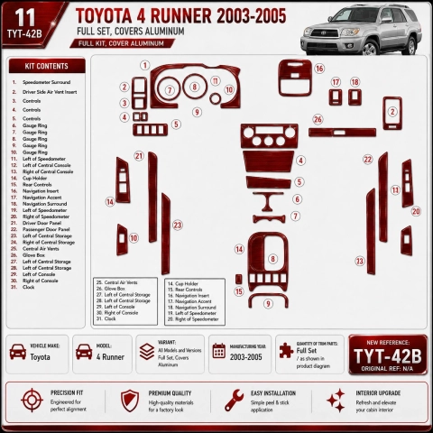 Toyota 4 Runner 2003–2005 kompletná sada; Covers Aluminum 3D sada dekorov interiéru palubnej dosky kompletná sada / podľa produk