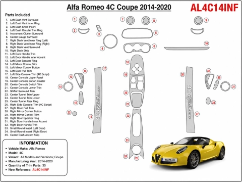 Alfa Romeo 4C Coupe 2014-2020 3D dekor palubnej dosky, 35 dielov 2