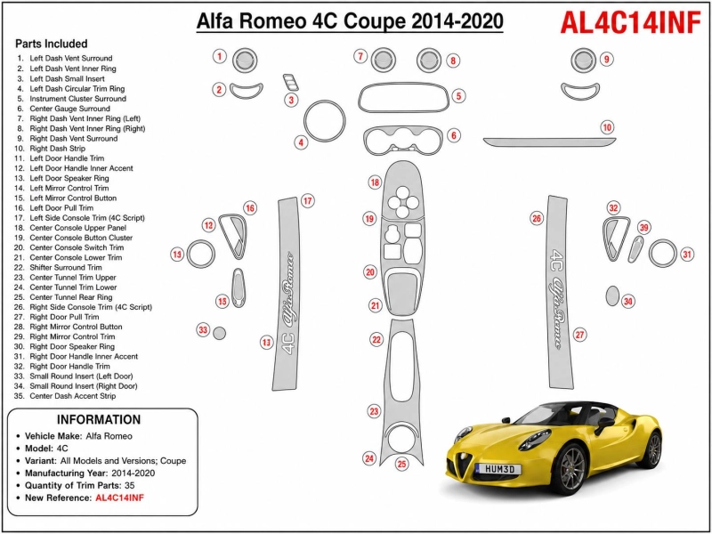 Alfa Romeo 4C Coupe 2014-2020 3D dekor palubnej dosky, 35 dielov
