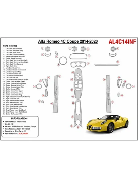 Alfa Romeo 4C Coupe 2014-2020 3D dekor palubnej dosky, 35 dielov
