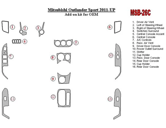 Dodatočná súprava Mitsubishi ASX 2011-UP sa hodí pre OEM súpravu obloženia interiéru BD Dash