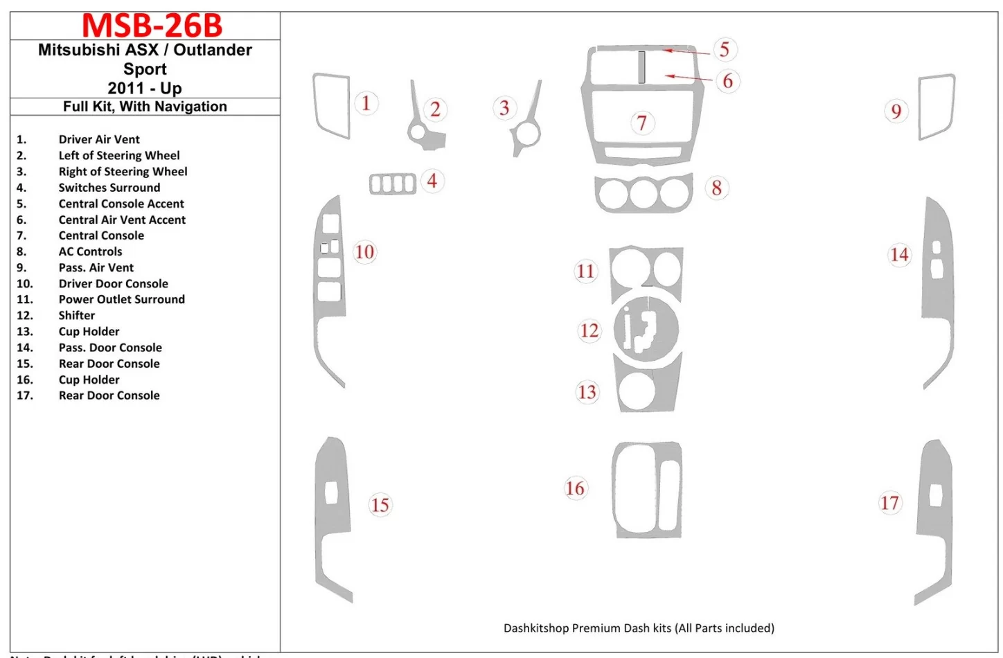 Kompletná súprava Mitsubishi ASX 2011-UP s vnútornou súpravou NAVI BD Dash Trim Kit - 1