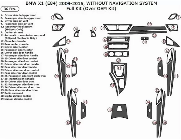 BMW X1 E84 2009–2015 3D súprava obloženia palubnej dosky interiéru 36-dielna súprava obloženia palubnej dosky - 1