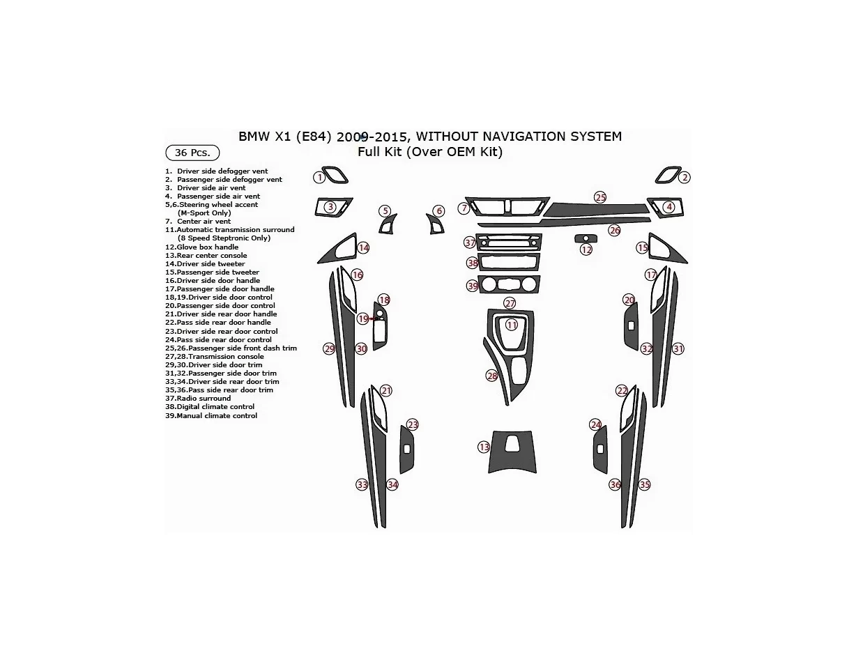 BMW X1 E84 2009–2015 3D súprava obloženia palubnej dosky interiéru 36-dielna súprava obloženia palubnej dosky - 1