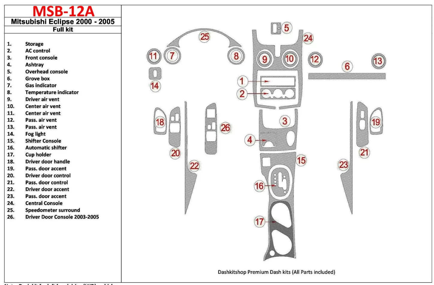 Mitsubishi Eclipse 2000-2005, kompletná sada, 25 dielov, interiér BD Dash ozdobná sada - 1