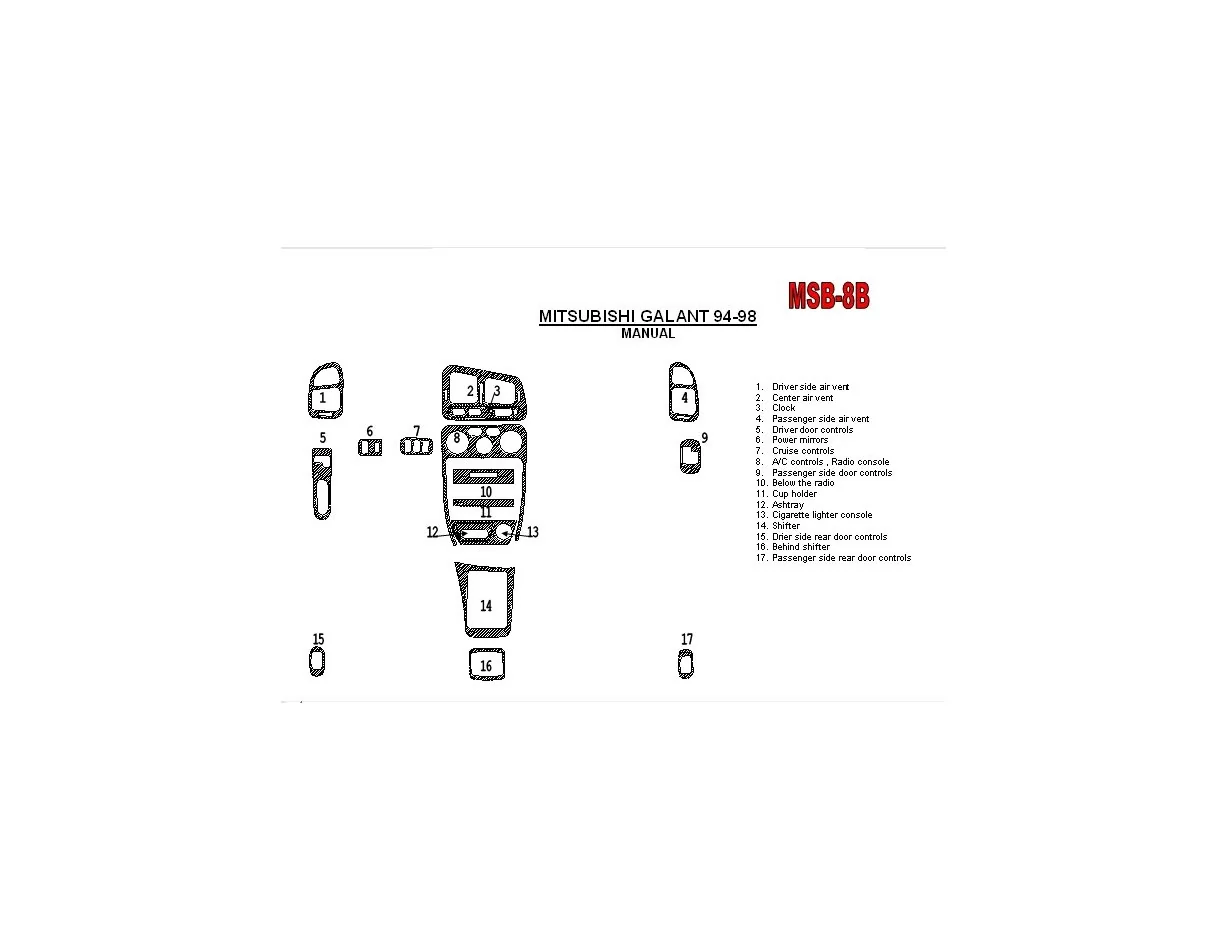 Mitsubishi Galant 1994-1998 manuálna prevodovka, misia, sada 17 dielov Interiér BD Dash Trim Kit - 1