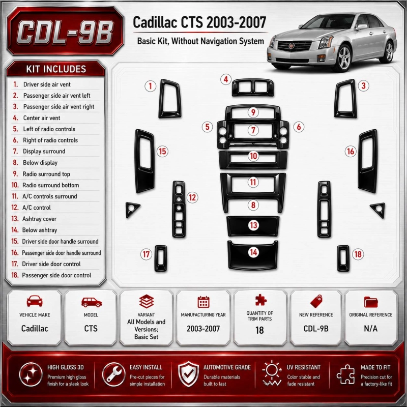 Cadillac CTS 2003–2007 základná sada 3D sada dekorov interiéru palubnej dosky 18-dielna