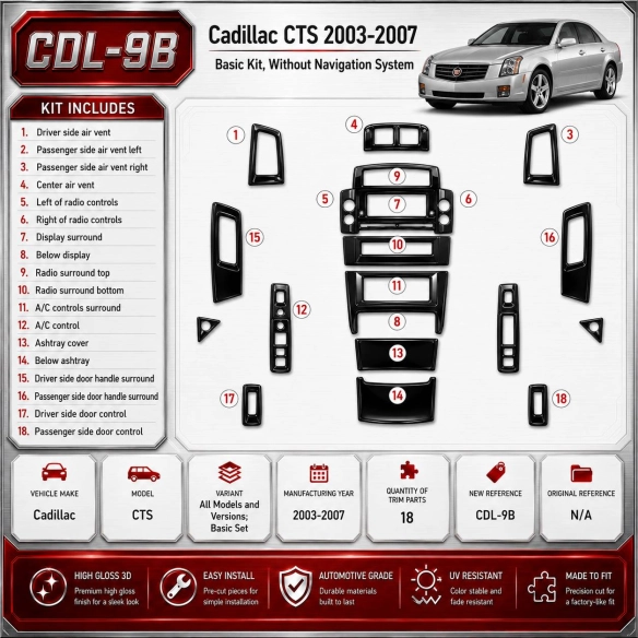 Cadillac CTS 2003–2007 základná sada 3D sada dekorov interiéru palubnej dosky 18-dielna