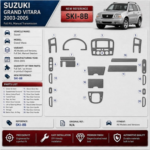 Suzuki Grand Vitara 2003–2005 kompletná sada; Manual Gearbox 3D sada dekorov interiéru palubnej dosky kompletná sada / podľa pro