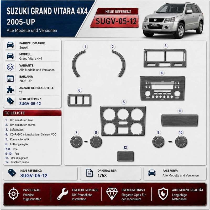 Suzuki Grand vitara 4x4 od 2005 3D sada dekorov interiéru palubnej dosky 12-dielna