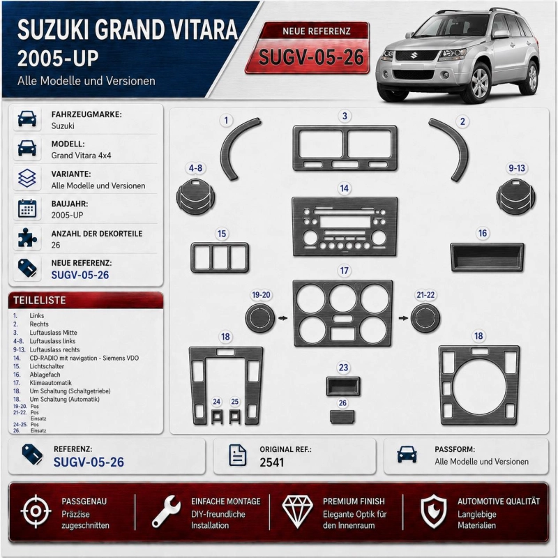 Suzuki Grand vitara 4x4 od 2005 3D sada dekorov interiéru palubnej dosky 26-dielna