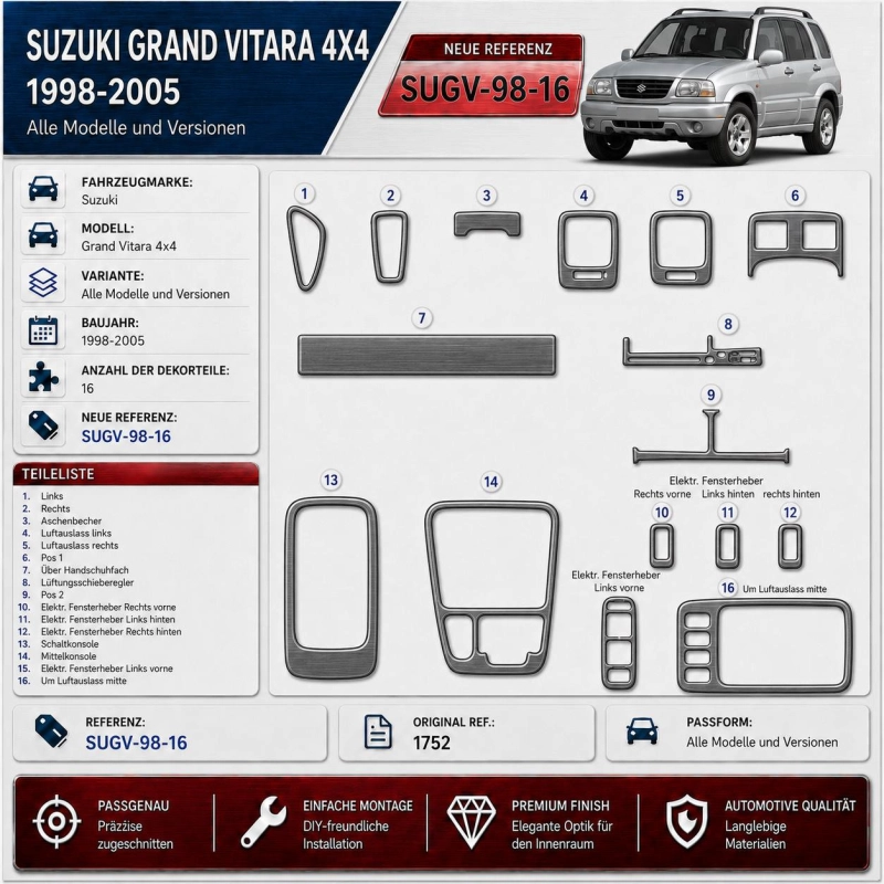 Suzuki Grand vitara 4x4 1998–2005 3D sada dekorov interiéru palubnej dosky 16-dielna