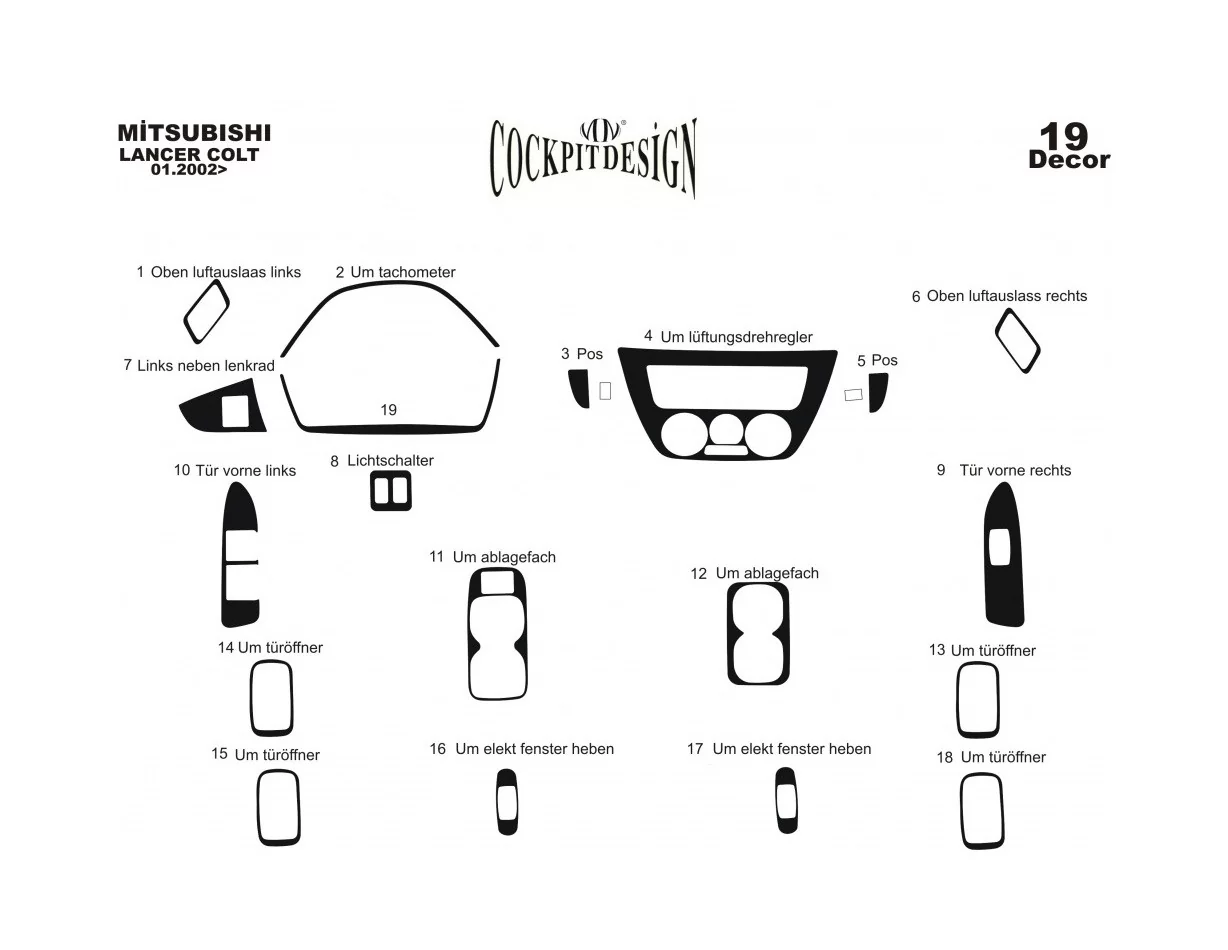 Mitsubishi Lancer 06.02-12.09 Súprava obloženia palubnej dosky 3D interiéru Dekorácia palubnej dosky 19 dielov - 1