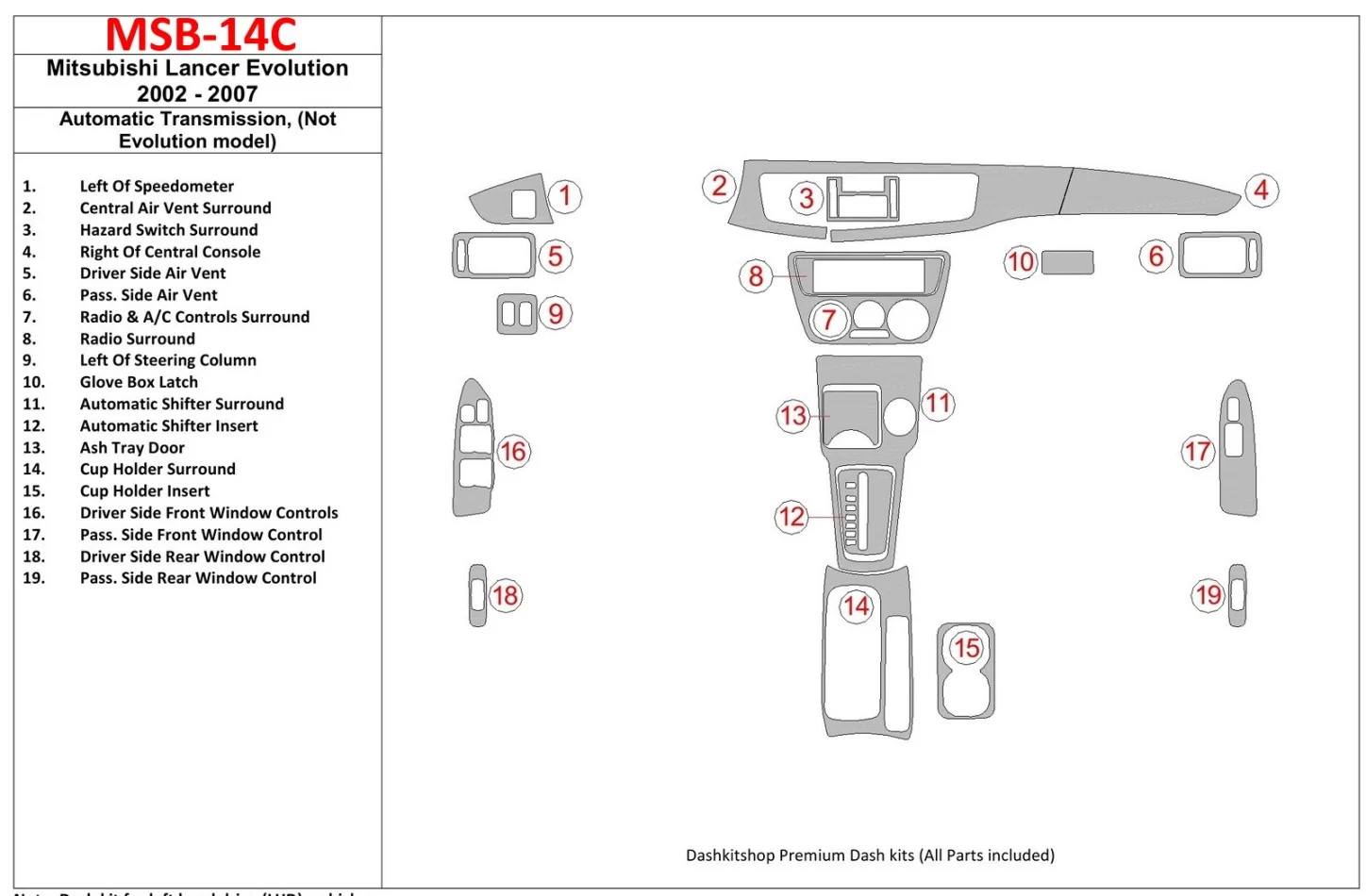 Mitsubishi Lancer 2002-2007 Automatická prevodovka, (model EVOLUTION) Interiér BD Dash Trim Kit - 1