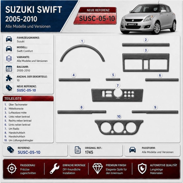 Suzuki Swift Comfort 2005–2010 3D sada dekorov interiéru palubnej dosky 10-dielna