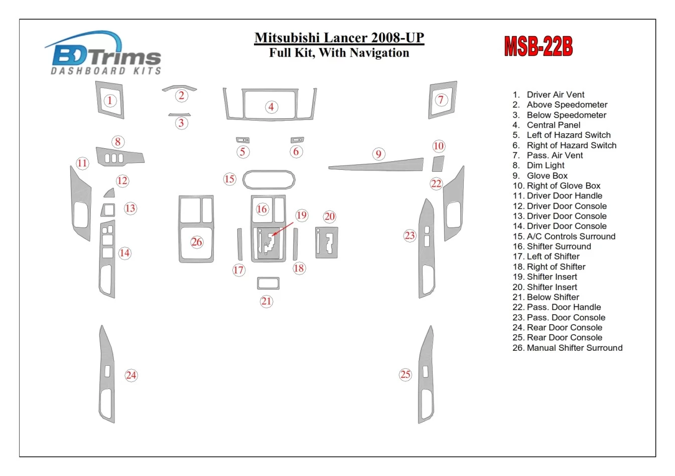Mitsubishi Lancer 2008-UP Kompletná súprava, s NAVI interiérom BD Dash Trim Kit - 1