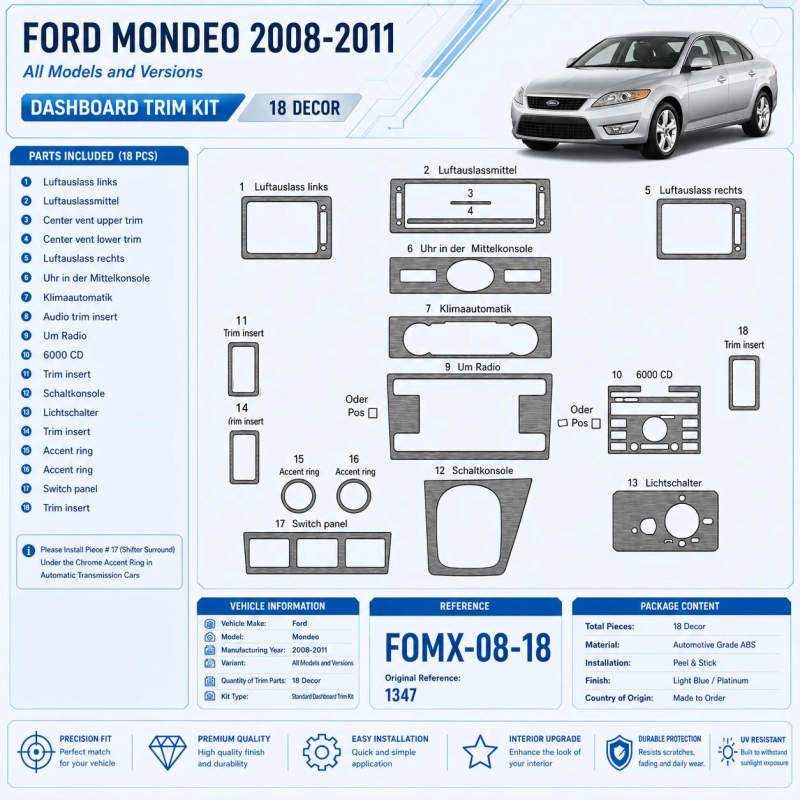Ford Mondeo 2008–2011 3D sada dekorov interiéru palubnej dosky 18-dielna