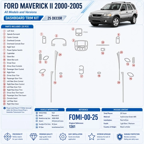 Ford Maverick II 2000–2005 3D sada dekorov interiéru palubnej dosky 25-dielna