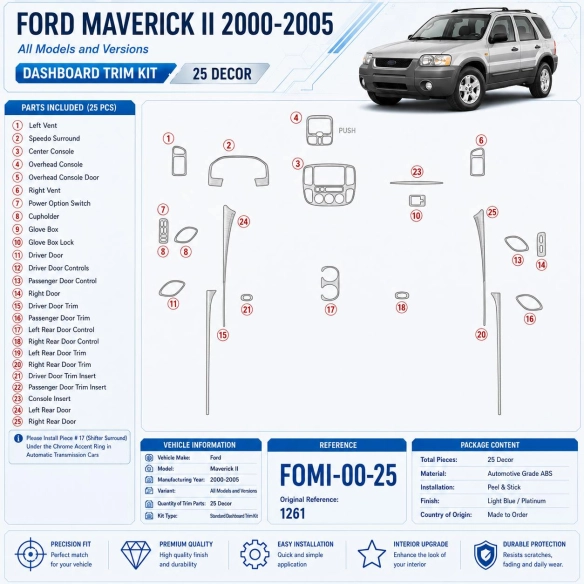 Ford Maverick II 2000–2005 3D sada dekorov interiéru palubnej dosky 25-dielna