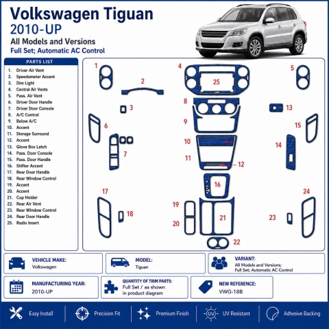Volkswagen Tiguan 2010+ kompletná sada, Automatic AC Control 3D dekor palubnej dosky 2