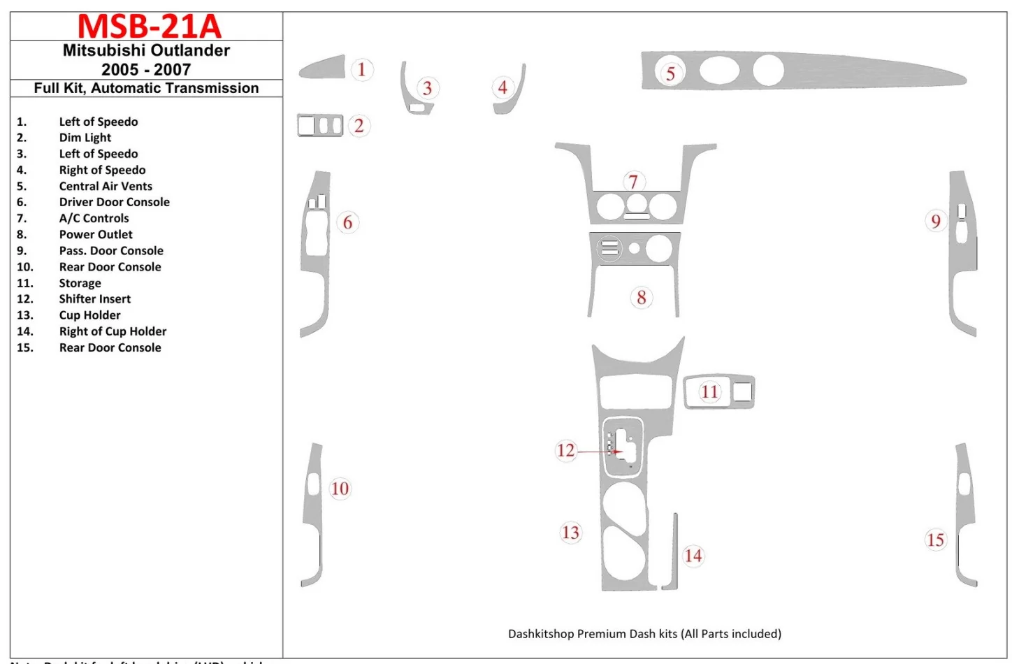 Mitsubishi Outlander 2005-2007, kompletná súprava interiéru automatickej prevodovky BD - 1