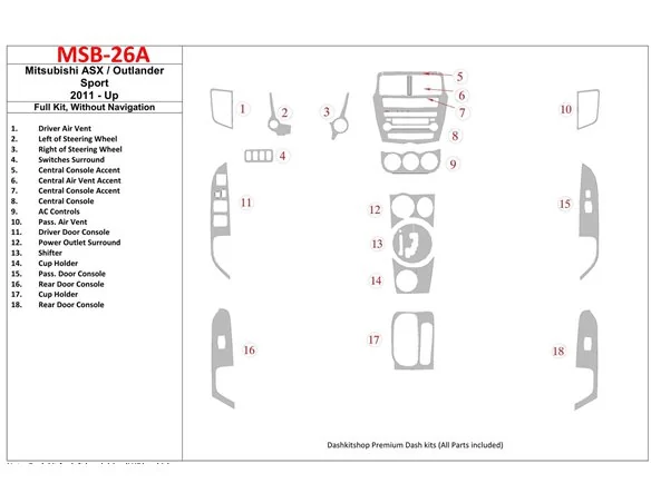 Mitsubishi Outlander ASX/Sport 2011-UP Kompletná sada, bez NAVI Interiér BD Dash Trim Kit - 1