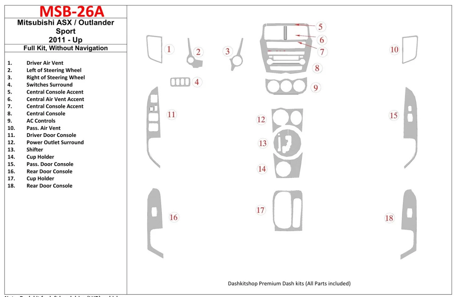 Mitsubishi Outlander ASX/Sport 2011-UP Kompletná sada, bez NAVI Interiér BD Dash Trim Kit - 1