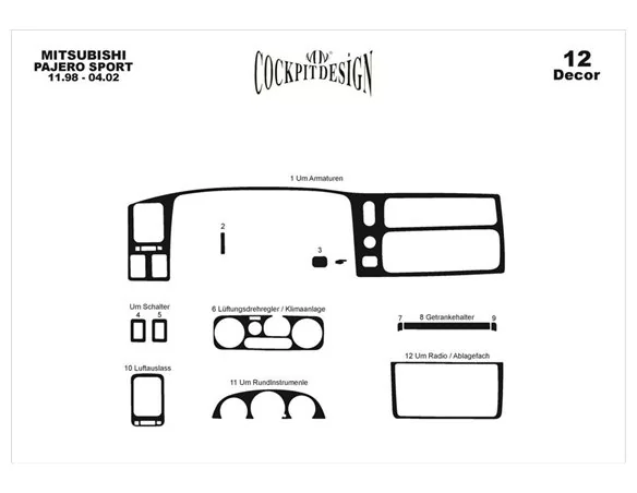 Mitsubishi Pajero Sport 11.98-04.02 3D Súprava obloženia palubnej dosky interiéru Dekorácia palubnej dosky 12 dielov