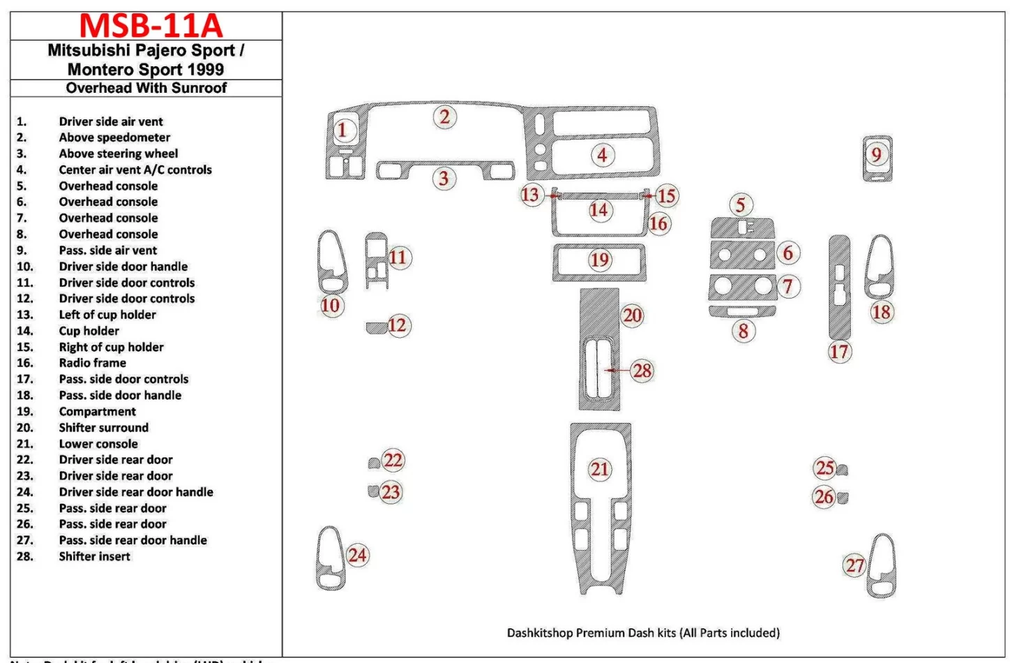 Mitsubishi Pajero Sport/Montero Sport 1998-2008 Horná časť so strešným oknom, sada 28 dielov Interiér Súprava obloženia palubnej