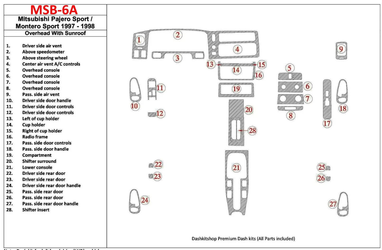 Mitsubishi Pajero Sport/Montero Sport 1998-2008 s hornou strechou, so strešným oknom, súprava 28 dielov Interiér Súprava obložen