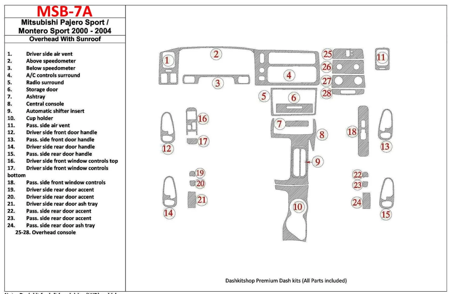 Mitsubishi Pajero Sport/Montero Sport 1998-2008 s hornou strechou, so strešným oknom, súprava 28 dielov Interiér Súprava obložen