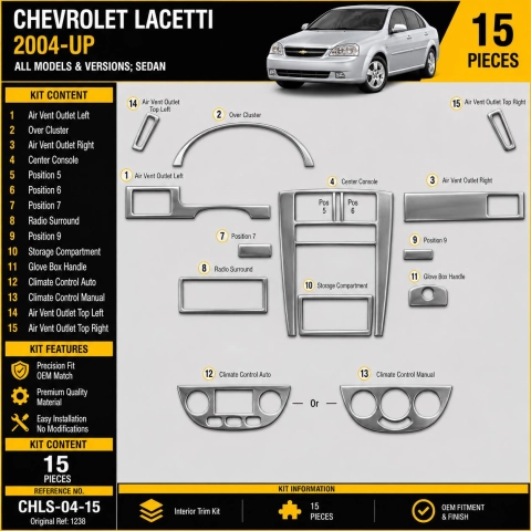 Chevrolet Lacetti od 2004 Sedan 3D sada dekorov interiéru palubnej dosky 15-dielna