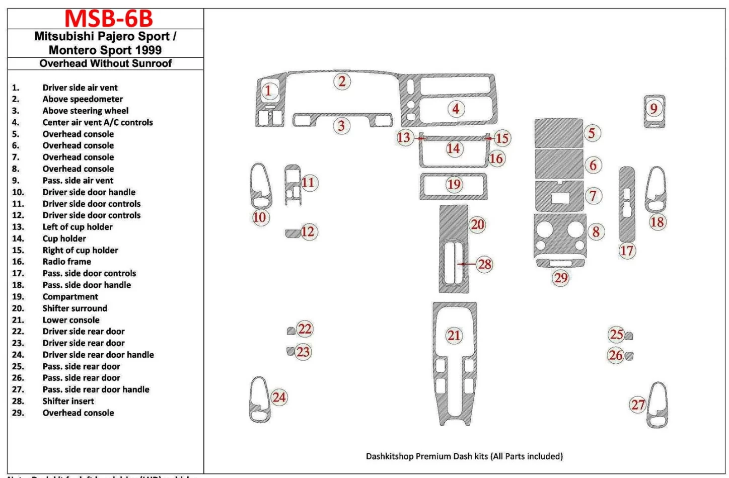 Mitsubishi Pajero Sport/Montero Sport 1998-2008 so stropom, bez strešného okna, súprava 29 dielov Interiér Súprava obloženia pal