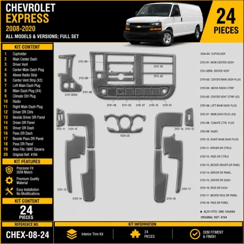 Chevrolet Express 2008–2020 3D sada dekorov interiéru palubnej dosky 24-dielna