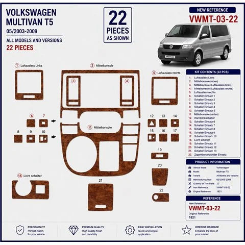 Volkswagen Multivan T5 2003-2009 3D dekor palubnej dosky, 22 dielov 2