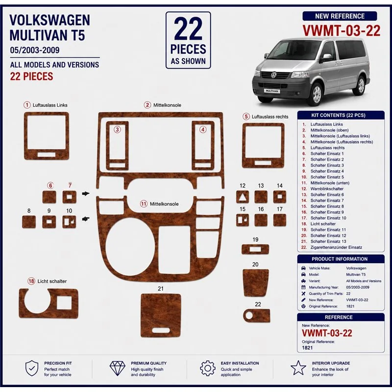 Volkswagen Multivan T5 2003-2009 3D dekor palubnej dosky, 22 dielov