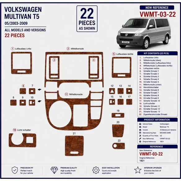 Volkswagen Multivan T5 2003-2009 3D dekor palubnej dosky, 22 dielov