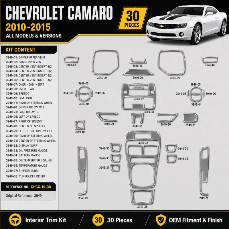 Chevrolet Camaro 2010–2015 3D sada dekorov interiéru palubnej dosky 30-dielna