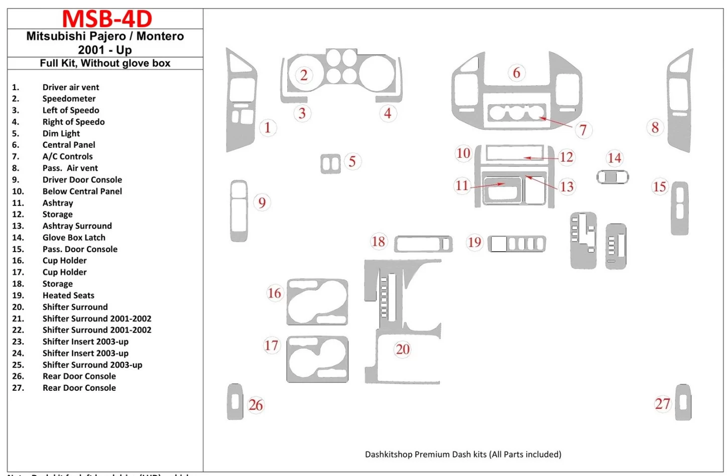 Mitsubishi Pajero/Montero 2000-2006, kompletná sada, bez žhaviacej skrinky Interiér BD Dash Trim Kit - 1
