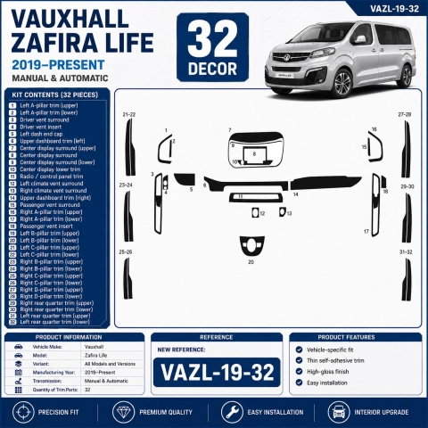 Vauxhall Zafira Life 2019–Present 3D Sada Dekorov Interiéru Palubnej Dosky 32-dielna
