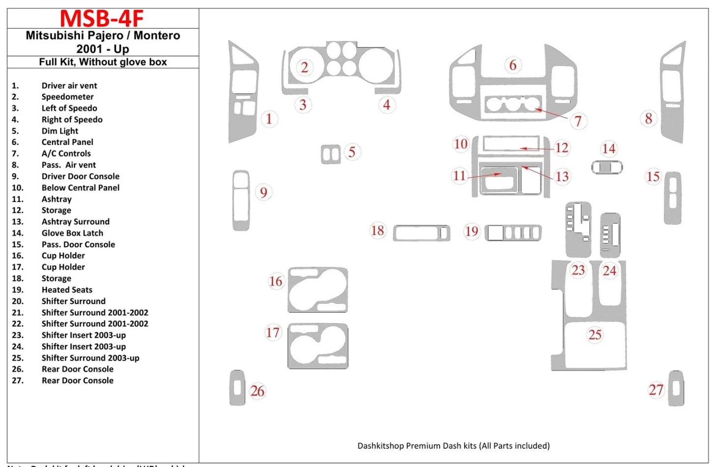 Mitsubishi Pajero/Montero 2000-2006, kompletná sada, bez žhaviacej skrinky Interiér BD Dash Trim Kit - 1