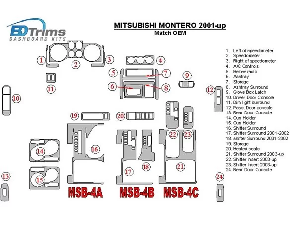 Mitsubishi Pajero/Montero 2000-2006 OEM zhoda interiéru BD súprava obloženia palubnej dosky